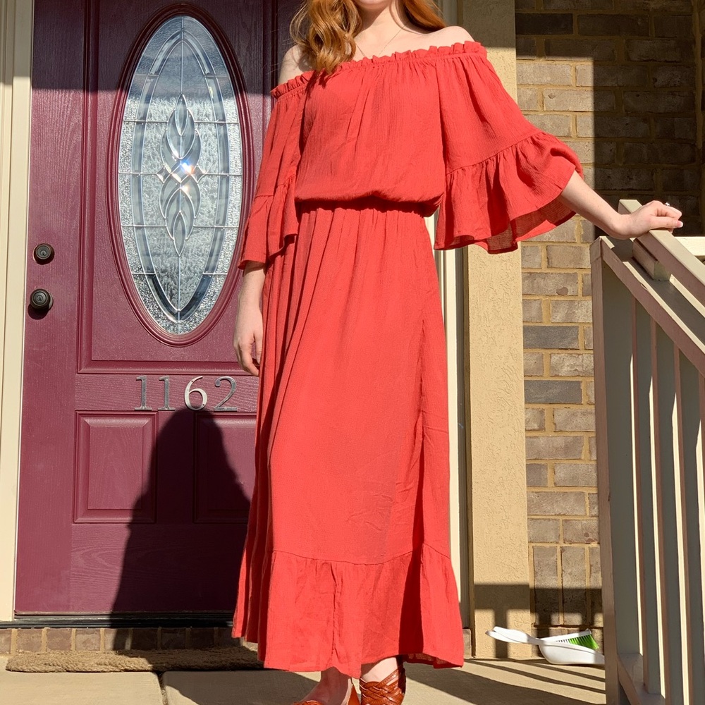 Asos Coral Off the Shoulder Dress